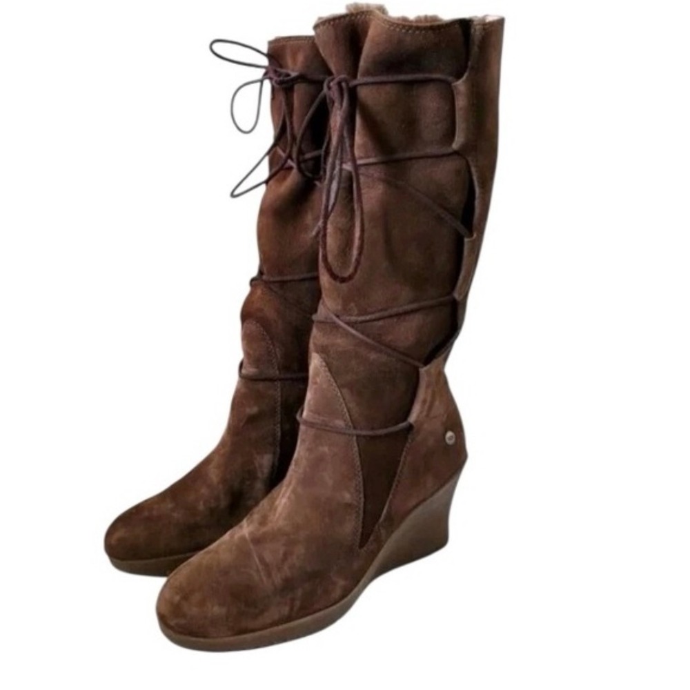 UGG Elsey Wedge Boots Women Size 10 Brown Excellent Suede Lace-up Tall